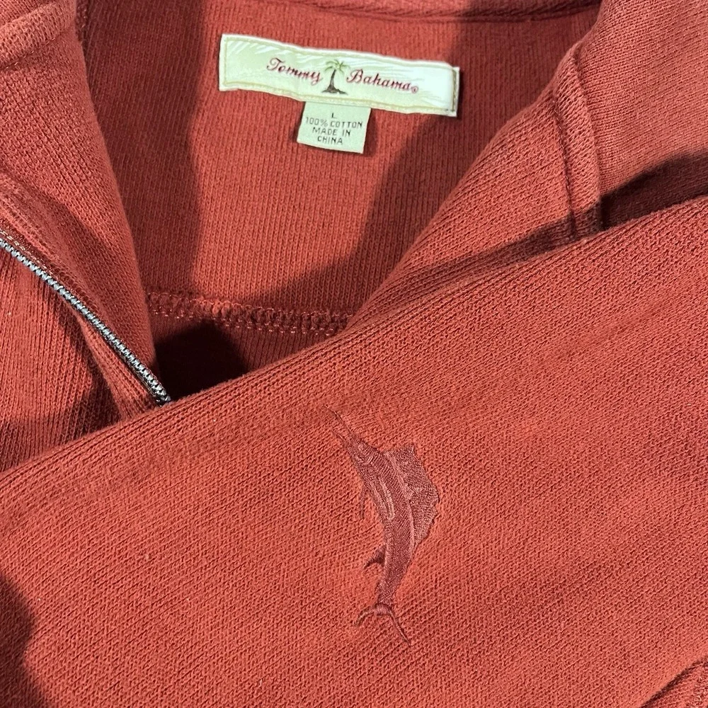 Tommy Bahama 1/4 Zip Sweater Men Large Burnt Orange Pullover Knit Mock Neck Golf
